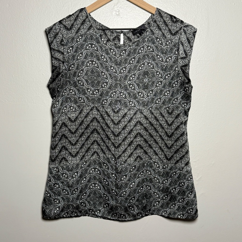 The Limited Womens‎ Satin Blouse M Grey Geometric Neutral Cap Sleeve Office